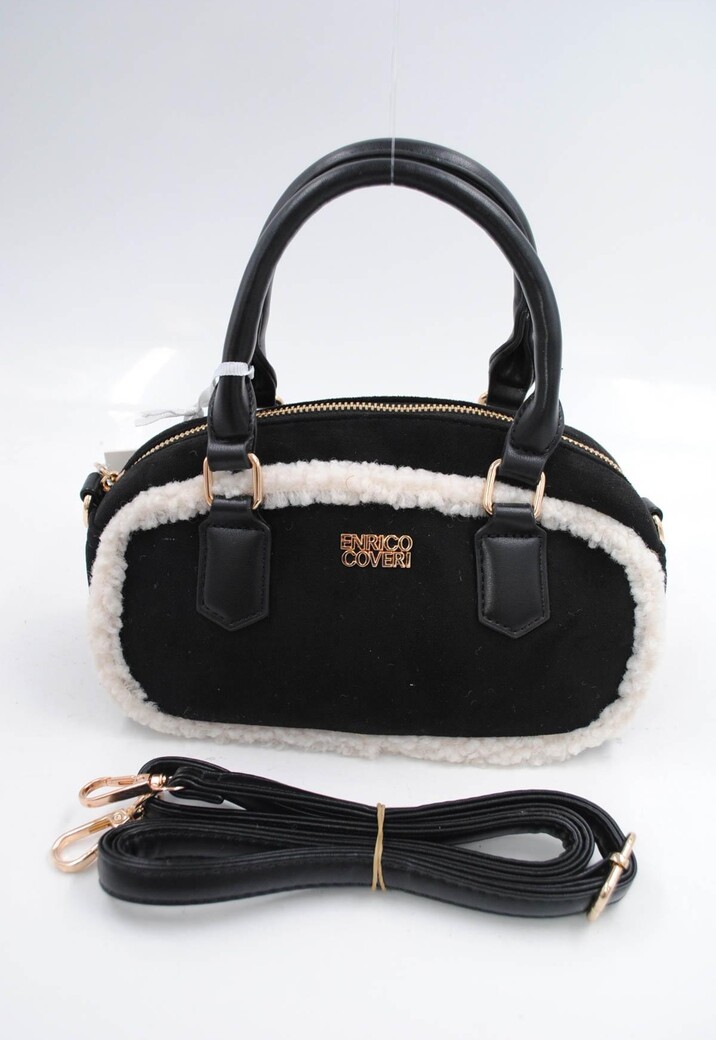 Zwarte Suède Handtas met Witte Bontafwerking en Lang Schouderhengsel