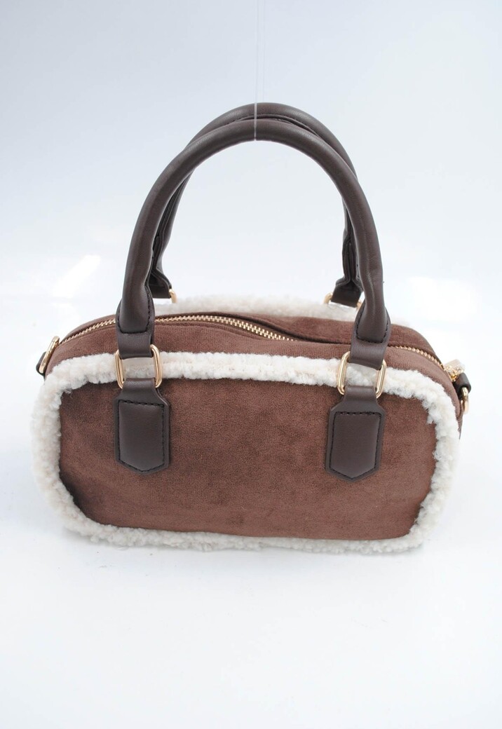 Bruine Suède Handtas met Witte Bontafwerking en Lang Schouderhengsel