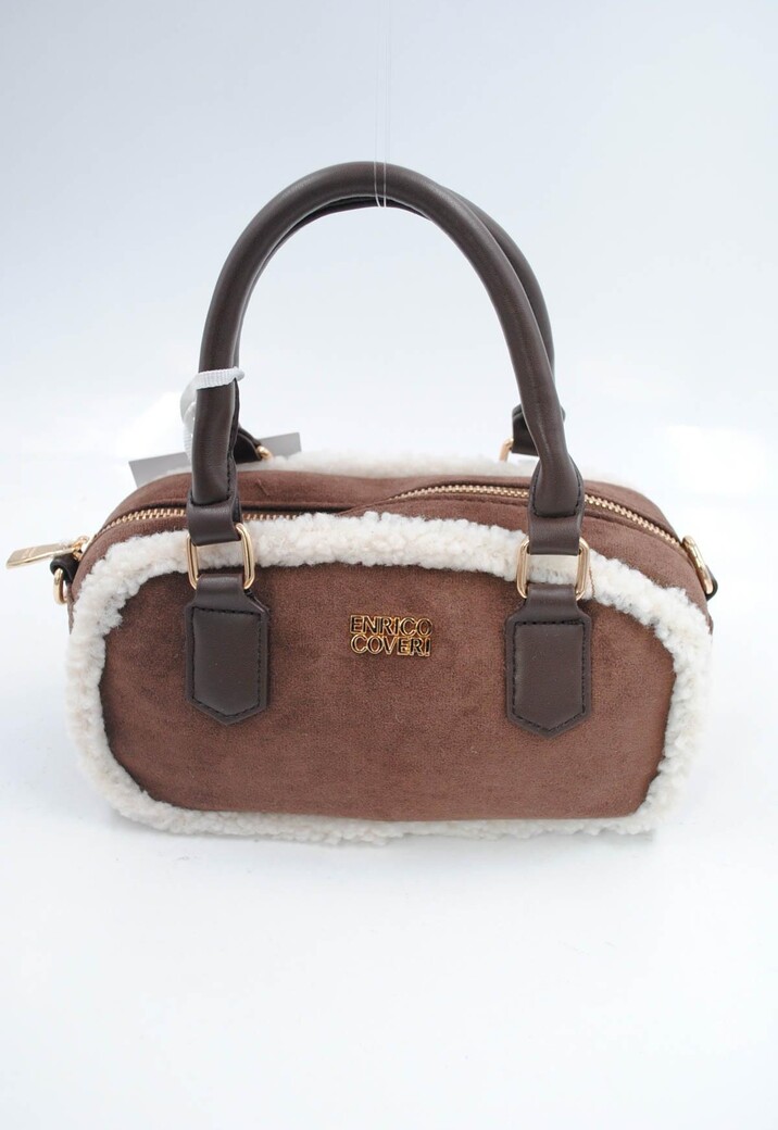 Bruine Suède Handtas met Witte Bontafwerking en Lang Schouderhengsel