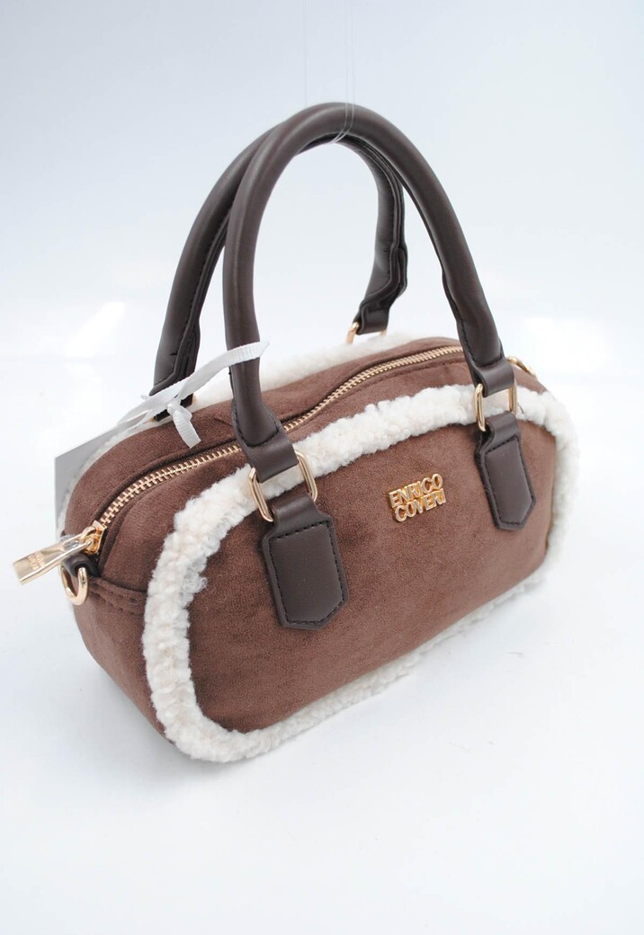 Bruine Suède Handtas met Witte Bontafwerking en Lang Schouderhengsel