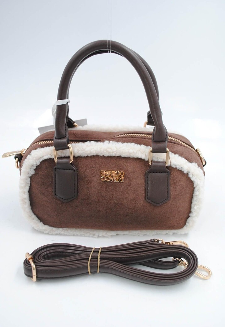 Bruine Suède Handtas met Witte Bontafwerking en Lang Schouderhengsel