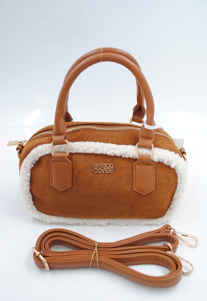 Camel Suède Handtas met Witte Bontafwerking en Lang Schouderhengsel