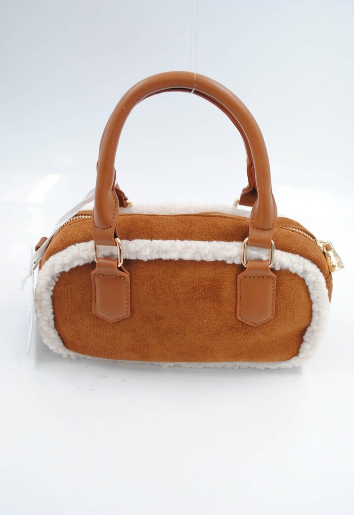 Camel Suède Handtas met Witte Bontafwerking en Lang Schouderhengsel
