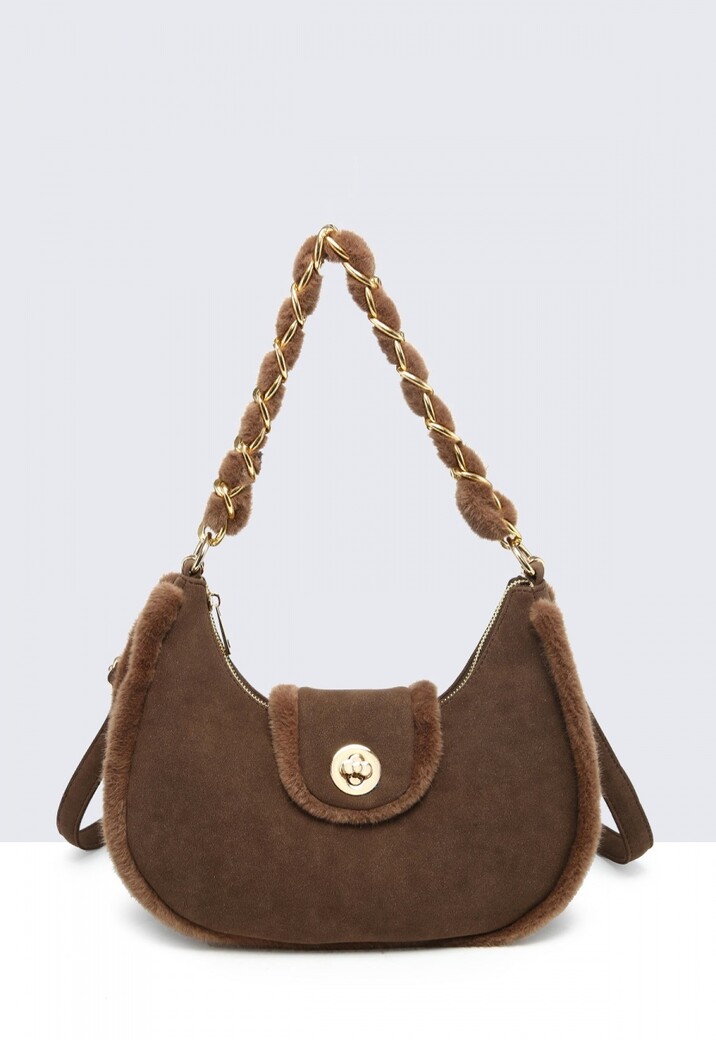 Bruine Suède Schoudertas met Bontafwerking en Gouden Kettinghengse