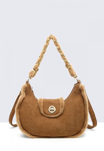 Suède Schoudertas in Camel met Bontdetails