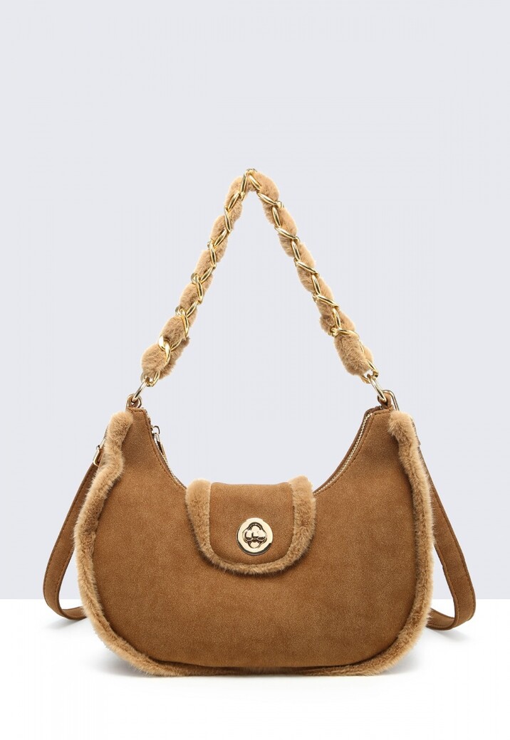 Camel Suède Schoudertas met Bontafwerking en Gouden Kettinghengse