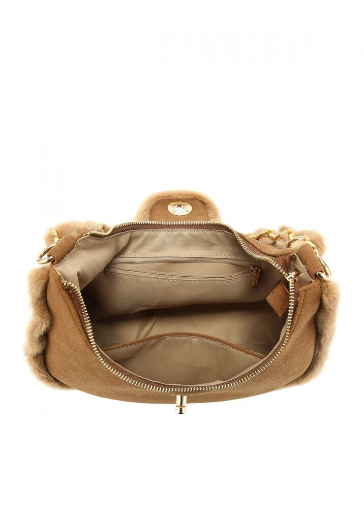 Camel Suède Schoudertas met Bontafwerking en Gouden Kettinghengse