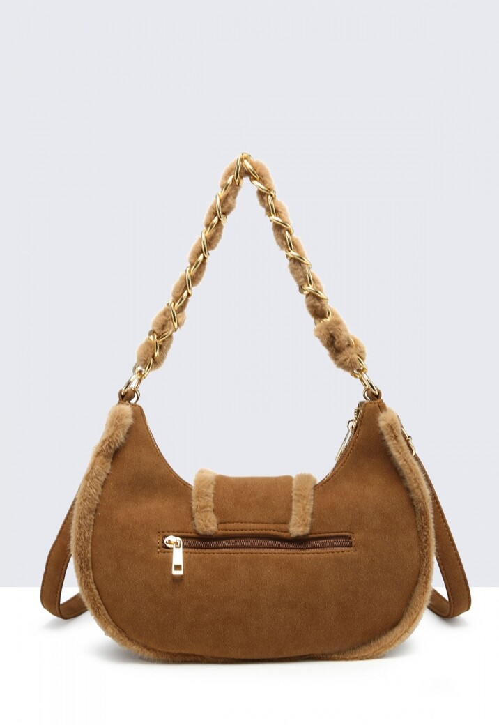 Camel Suède Schoudertas met Bontafwerking en Gouden Kettinghengse