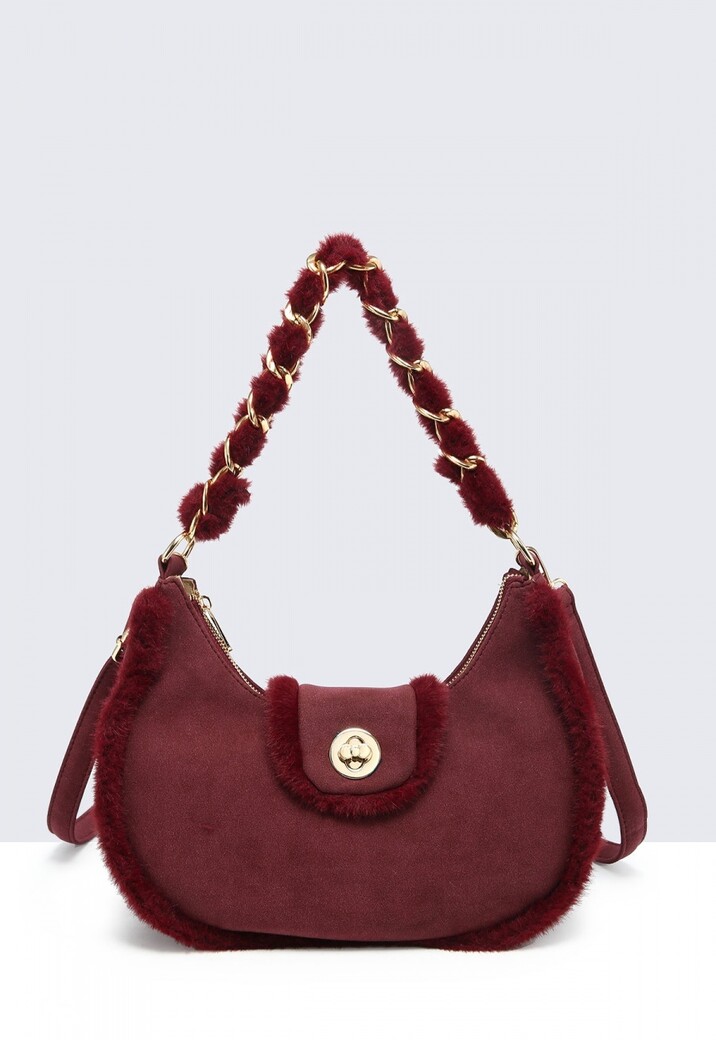 Rode Suède Schoudertas met Bontafwerking en Gouden Kettinghengsel