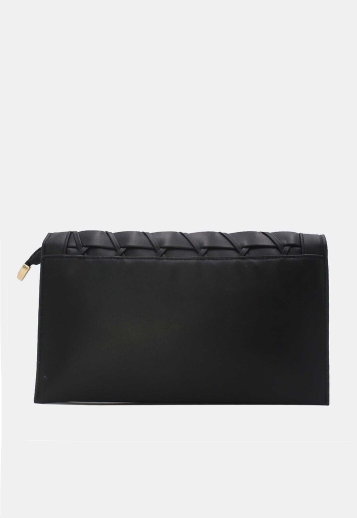 Zwarte Gevlochten Clutch van Imitatieleer met Afneembaar Schouderhengsel