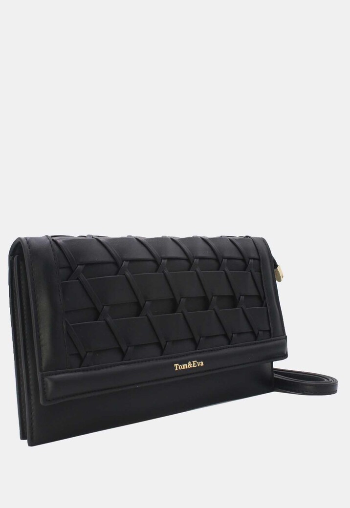 Zwarte Gevlochten Clutch van Imitatieleer met Afneembaar Schouderhengsel