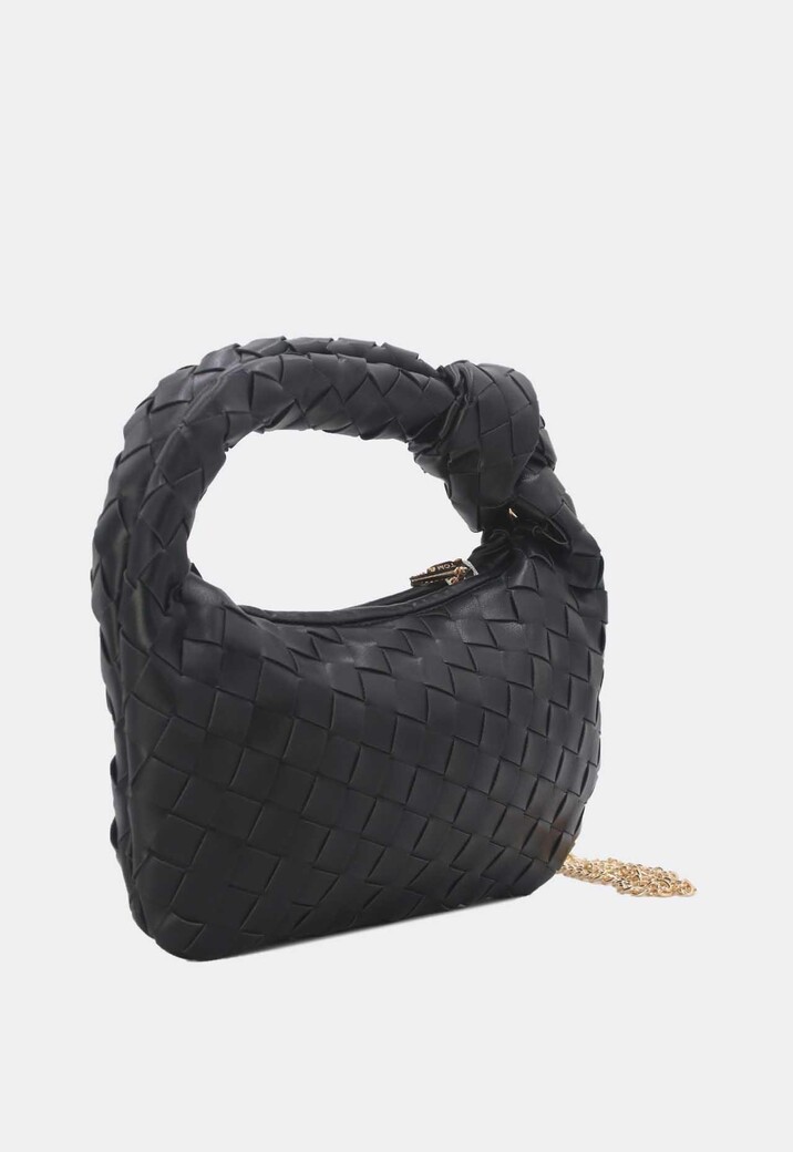 Zwarte Geweven Schoudertas van Imitatieleer met Knoopdetail en Extra Hengsel