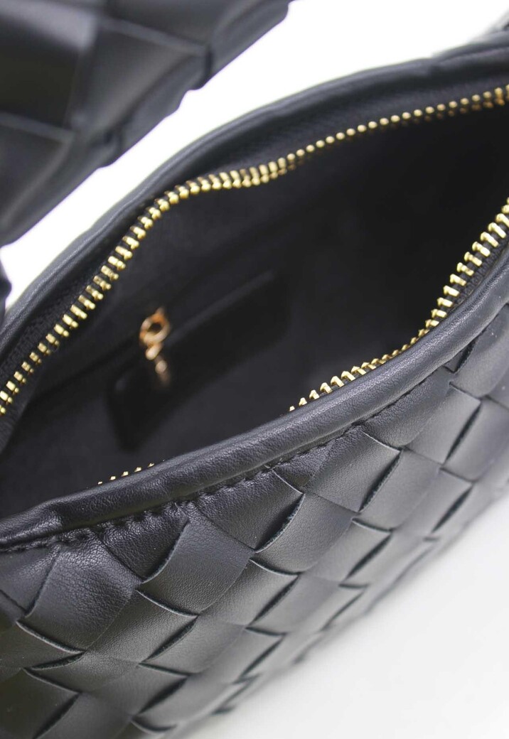 Zwarte Geweven Schoudertas van Imitatieleer met Knoopdetail en Extra Hengsel