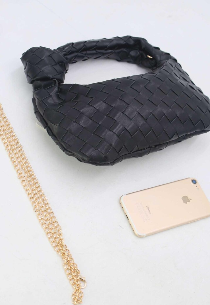 Zwarte Geweven Schoudertas van Imitatieleer met Knoopdetail en Extra Hengsel