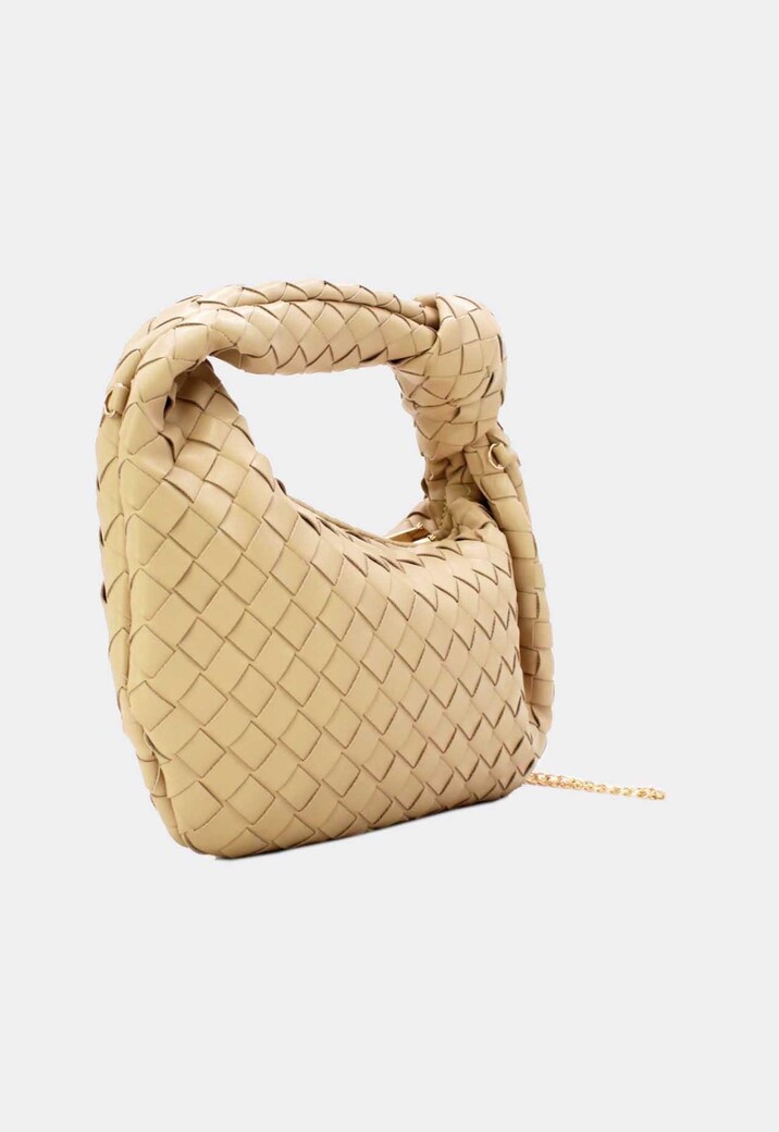 Beige Geweven Schoudertas van Imitatieleer met Knoopdetail en Extra Hengsel