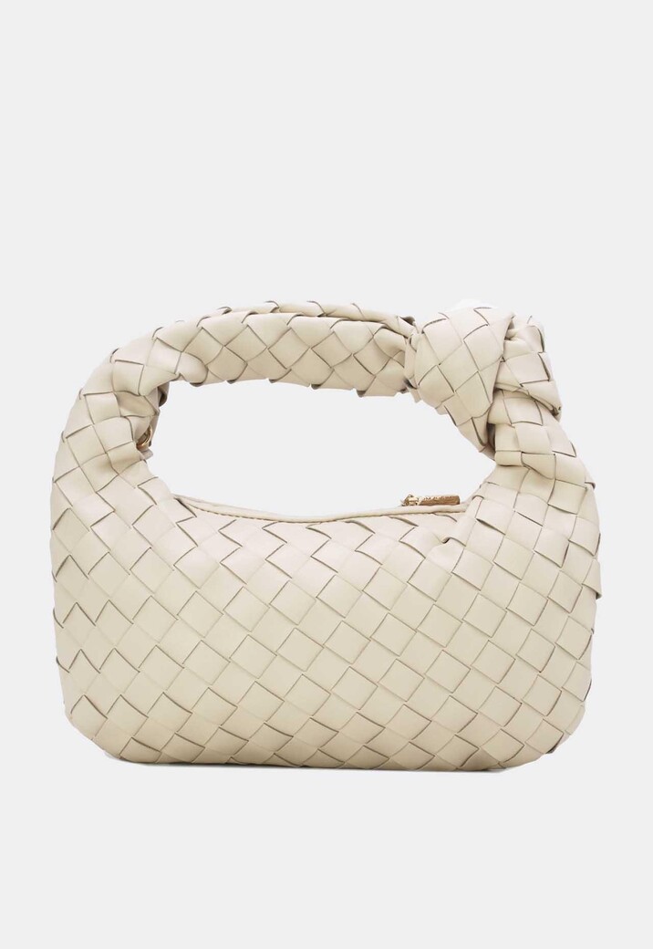 Crème Geweven Schoudertas van Imitatieleer met Knoopdetail en Extra Hengsel