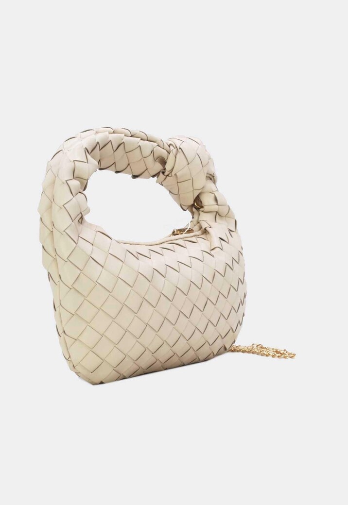 Crème Geweven Schoudertas van Imitatieleer met Knoopdetail en Extra Hengsel