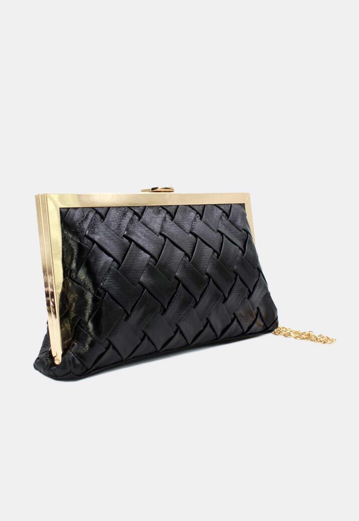 Zwarte Gevlochten Clutch van Imitatieleer met Gouden Rand en Afneembare Schouderketting