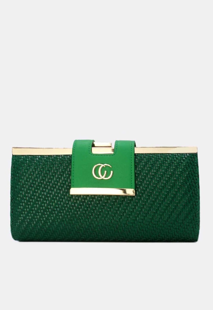 Groene Gevlochten Clutch van Imitatieleer met Gouden Schouderketting