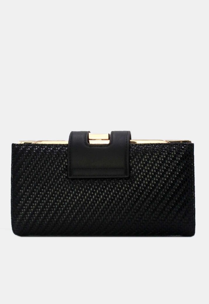 Zwarte Gevlochten Clutch van Imitatieleer met Gouden Schouderketting