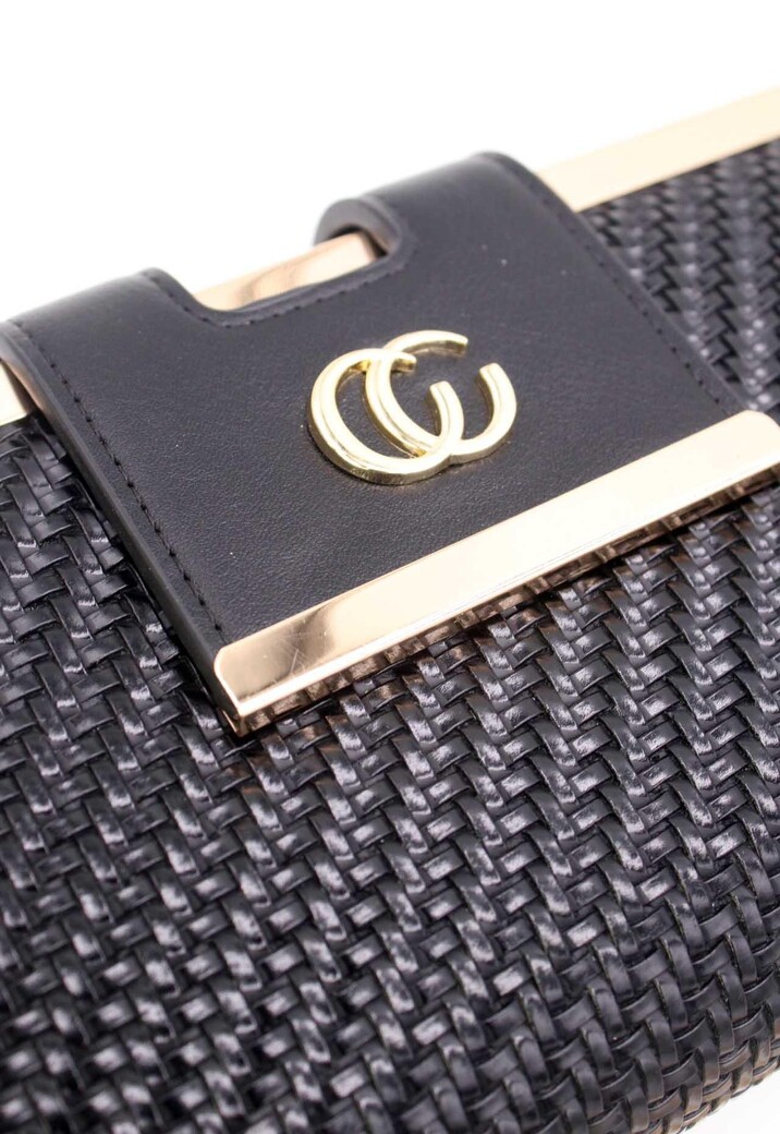 Zwarte Gevlochten Clutch van Imitatieleer met Gouden Schouderketting