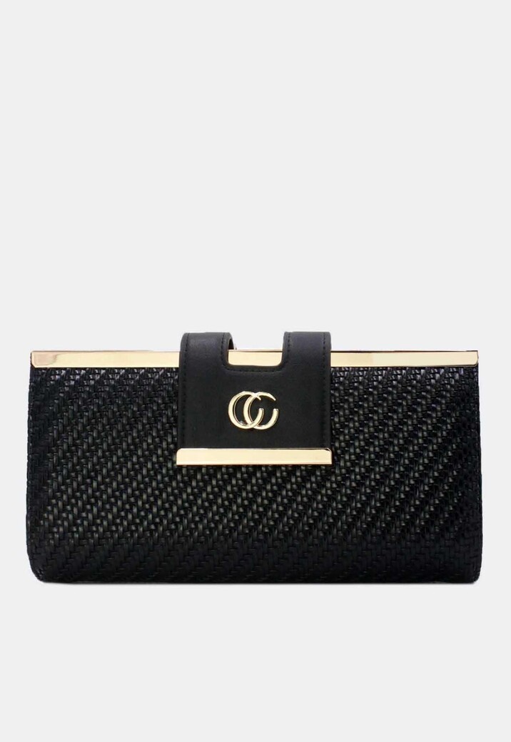 Zwarte Gevlochten Clutch van Imitatieleer met Gouden Schouderketting