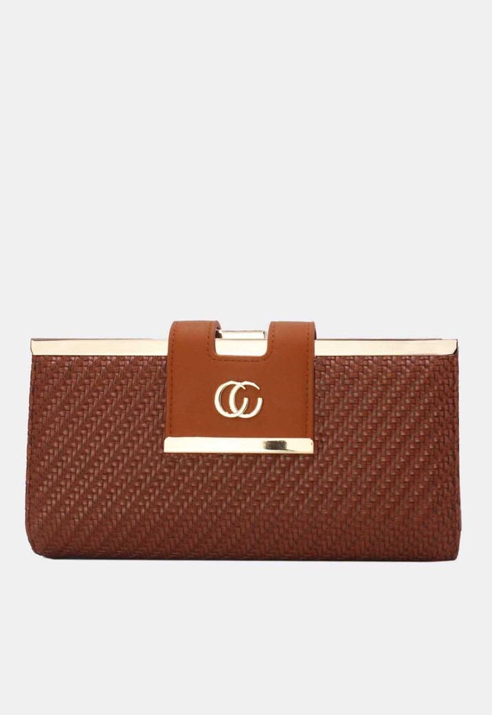 Cognackleurige Gevlochten Clutch van Imitatieleer met Gouden Schouderketting