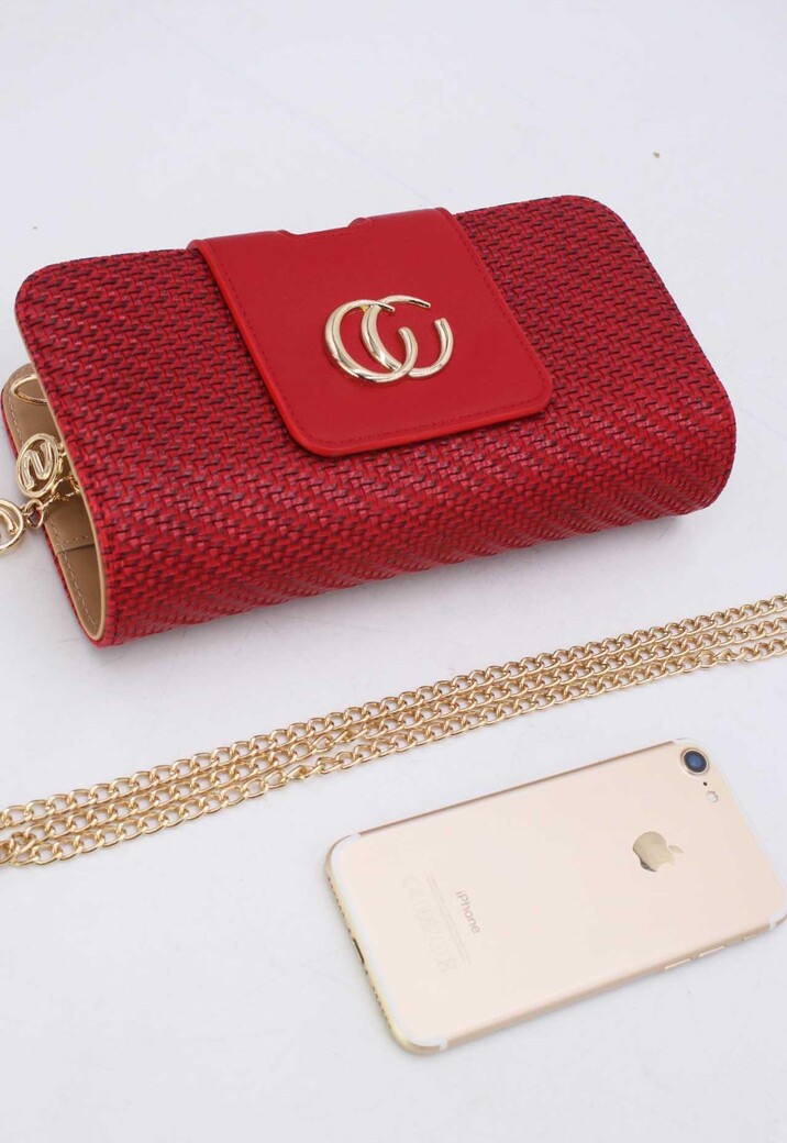 Rode Gevlochten Clutch van Imitatieleer met Gouden Schouderketting