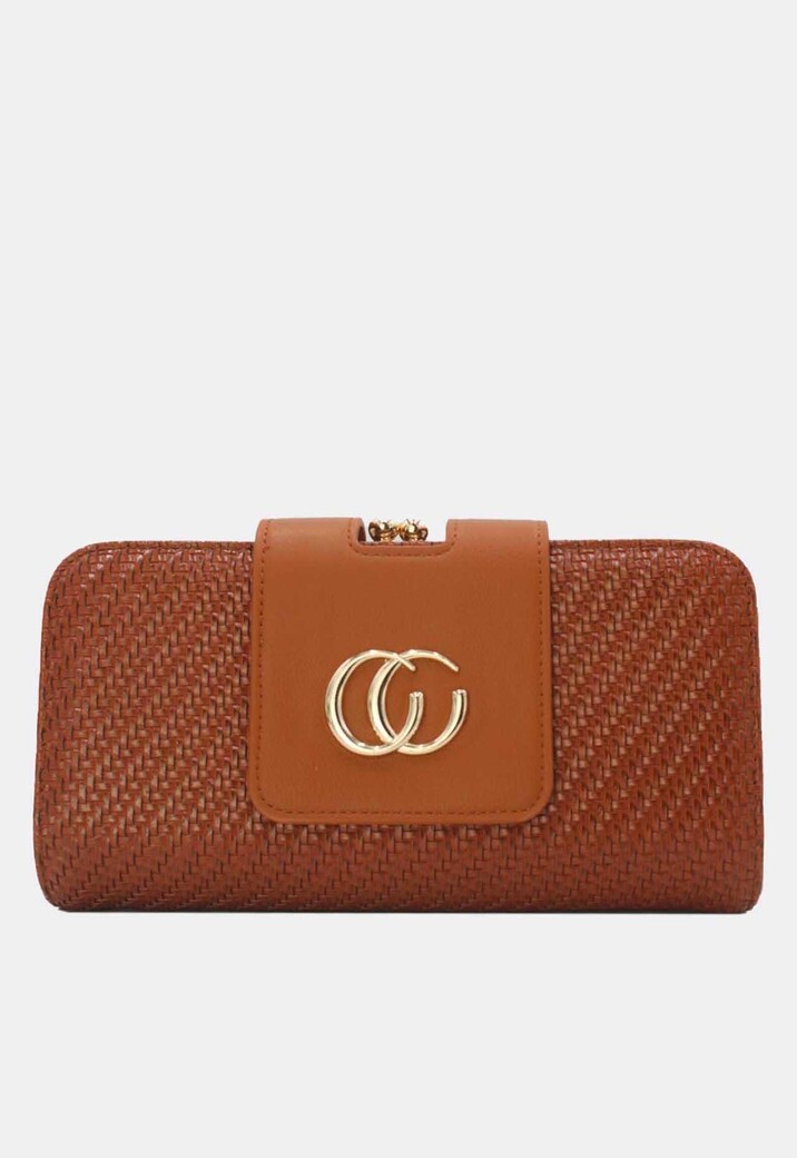 Cognackleurige Gevlochten Clutch met Gouden Schouderketting