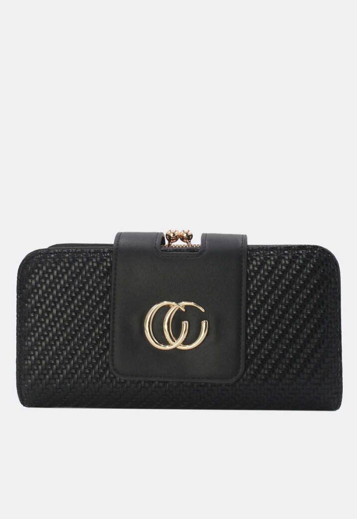 Zwarte Schoudertas met Gouden Chain en Geweven Structuur