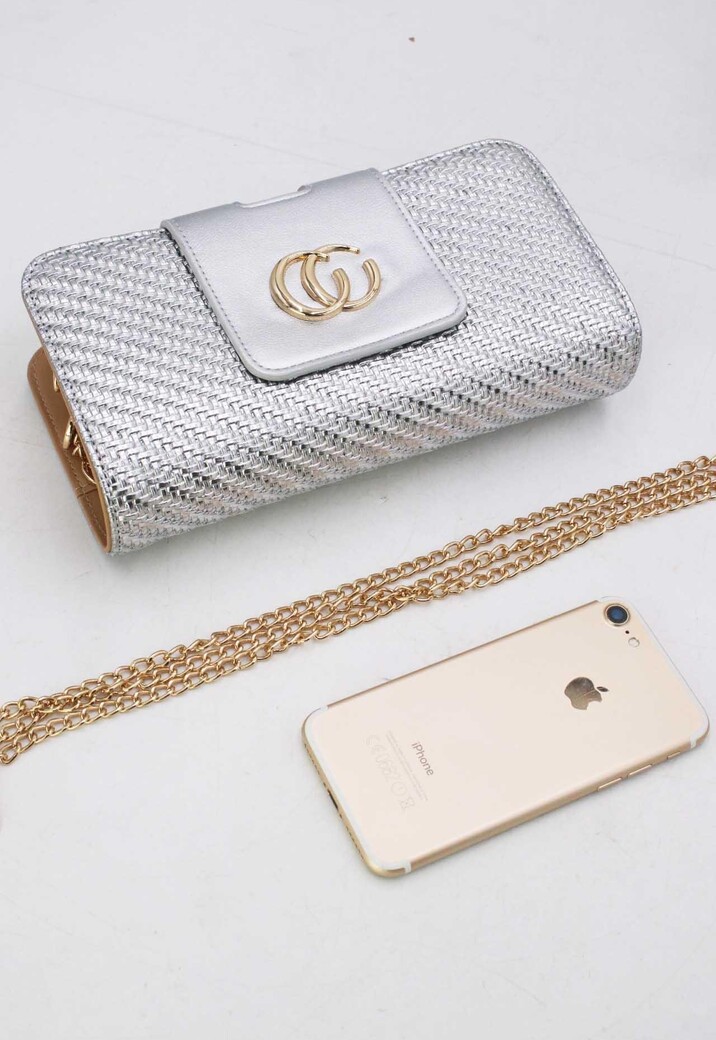 Zilveren Clutch van Gevlochten Imitatieleer met Gouden Chain