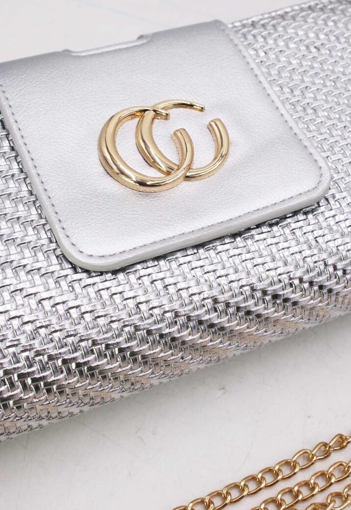 Zilveren Clutch van Gevlochten Imitatieleer met Gouden Chain