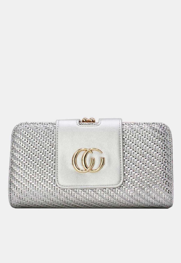 Zilveren Clutch van Gevlochten Imitatieleer met Gouden Chain