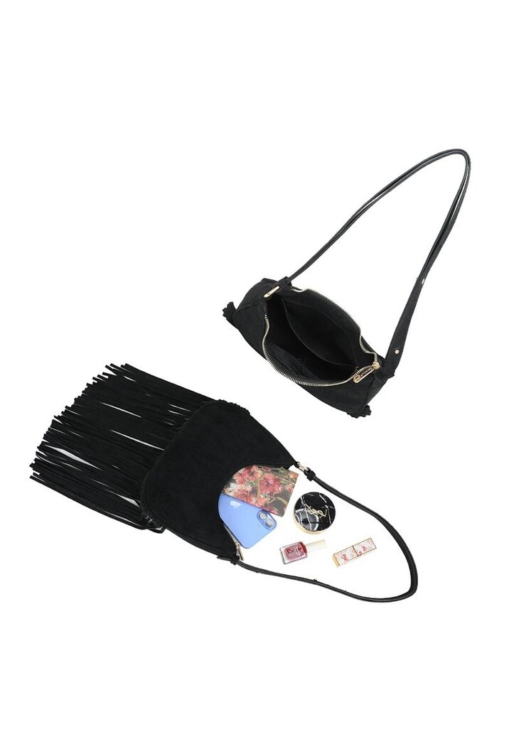 Zwarte Schoudertas met Suède Look en Lange Franjes