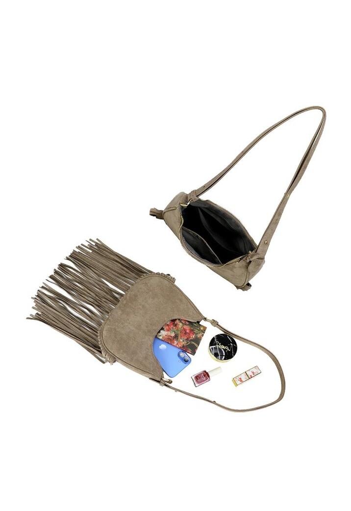 Taupe Schoudertas met Suède Look en Lange Franjes