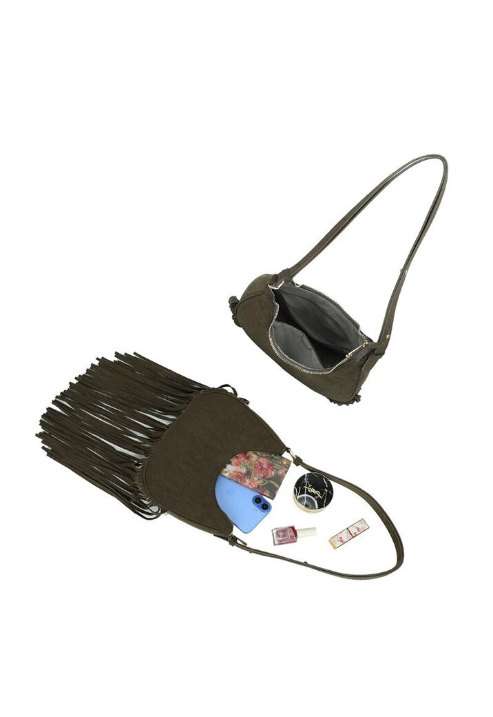 Groene Schoudertas met Suède Look en Lange Franjes