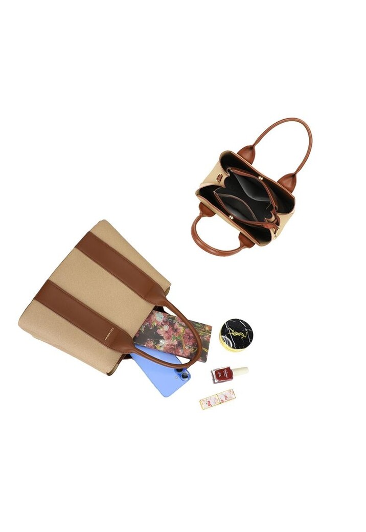 Beige Handtas met Bruine Accenten en Dubbele Handvatten