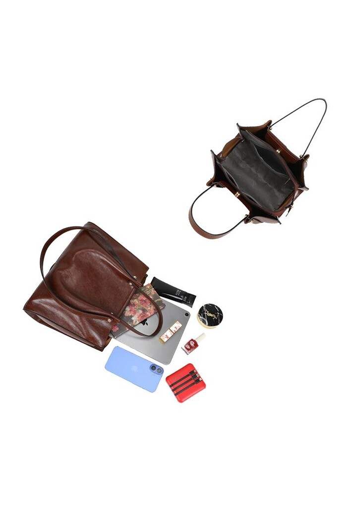 Bruine Shopper Tas met Lange Schouderhengsels en Plooien