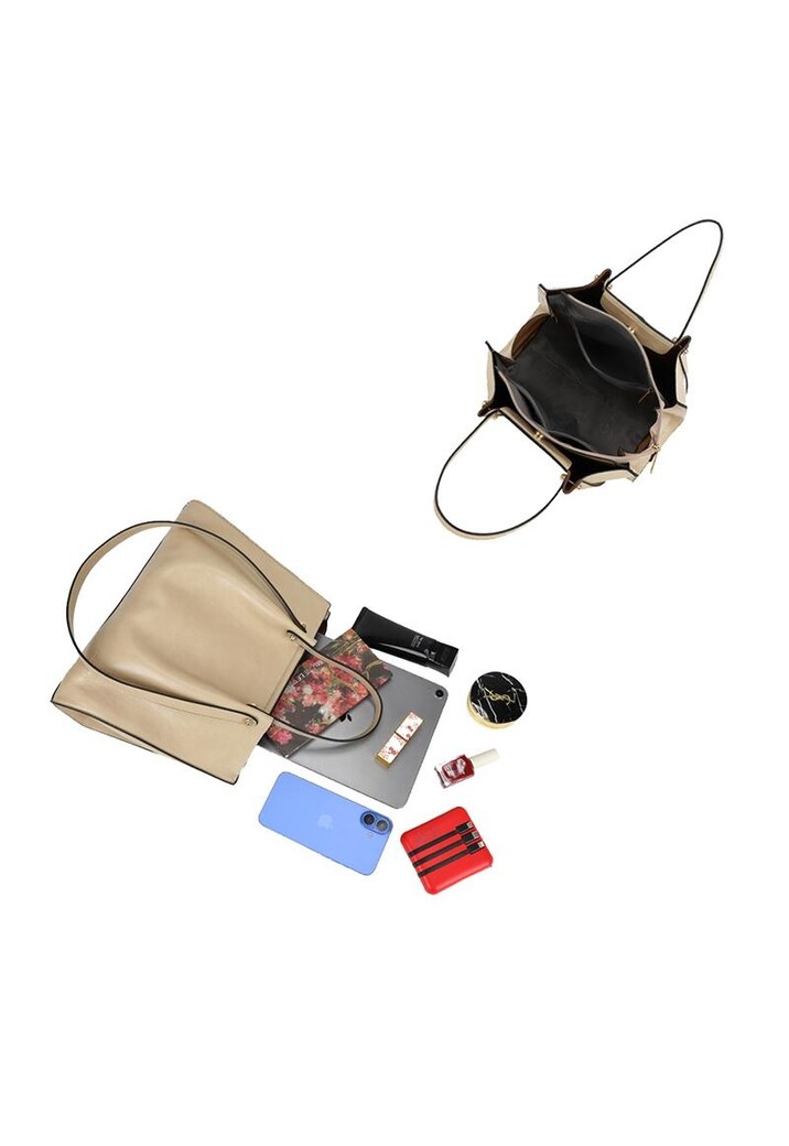 Beige Shopper met Dubbele Schouderhengsels en Plooivorming