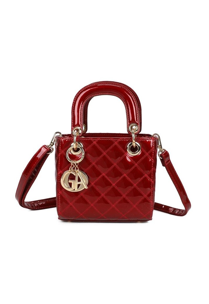 Rode Handtas met Glanzend Ruitpatroon en Gouden Hanger