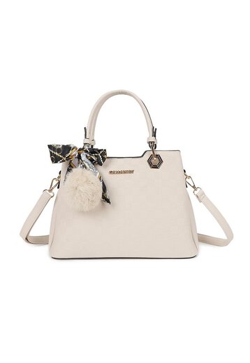 Creme Handtas met Reliëf en Pompon