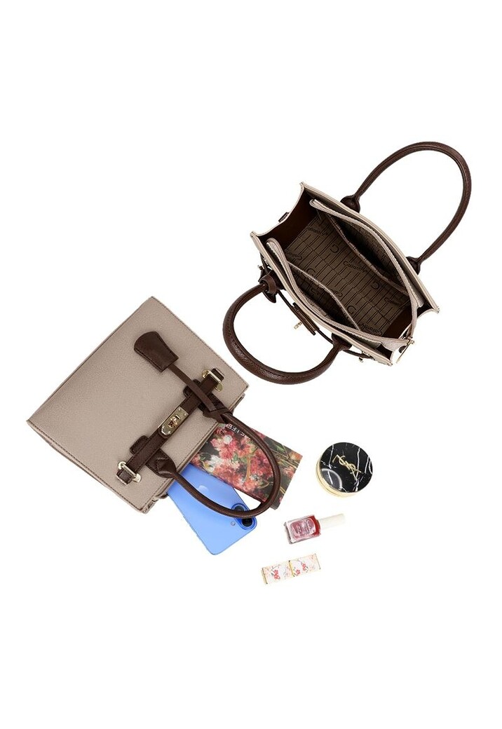 Beige Handtas met Donkerbruine Details en Schouderband