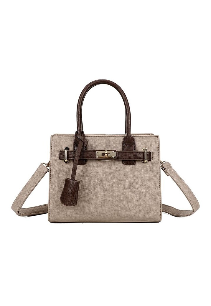 Beige Handtas met Donkerbruine Details en Schouderband