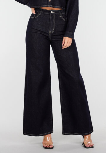 Hoge Taille Wide Leg Stretch Jeans in Donkerblauw