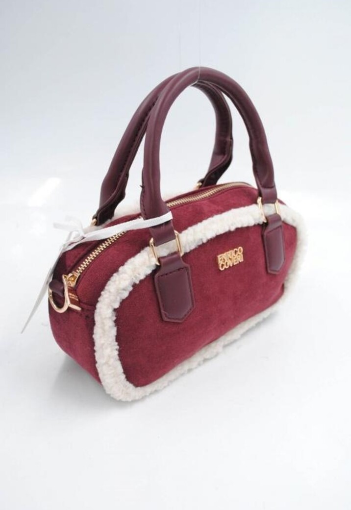 Rode Suède Handtas met Witte Bontafwerking en Lang Schouderhengsel