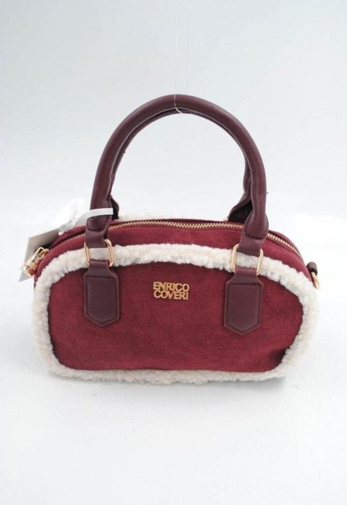 Rode Suède Handtas met Witte Bontafwerking en Lang Schouderhengsel