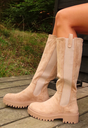 Beige Lange Boots met Blokzool