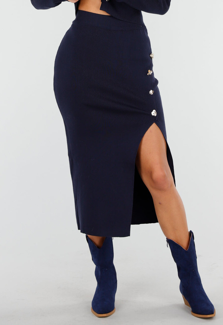 Donkerblauwe Knitted Set met Knopen en Split in de Rok