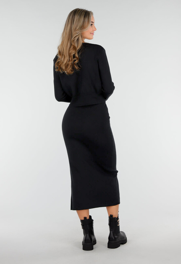 Zwarte Knitted Set met Midi Rok met Split