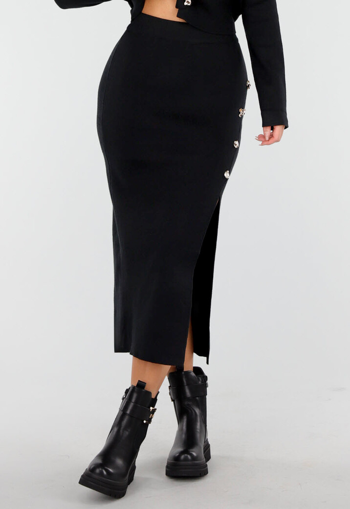 Zwarte Knitted Set met Midi Rok met Split